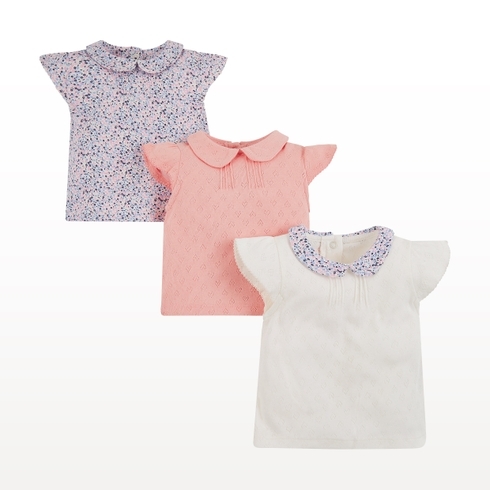 Girls Half Sleeves Floral, Heart And Pointelle Tops - Pack Of 3 - Multicolor