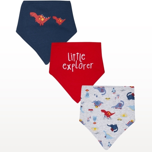 Boys Bibs Dinosaur Print And Embroidery - Pack Of 3 - Red Grey Navy