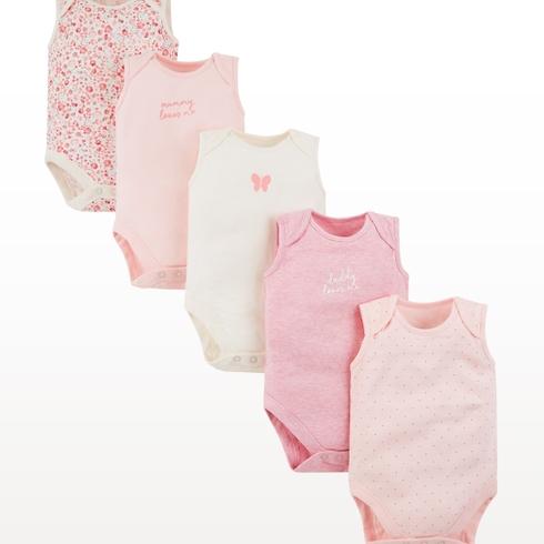 Girls Sleeveless Printed Bodysuit - Pack Of 5 - Pink