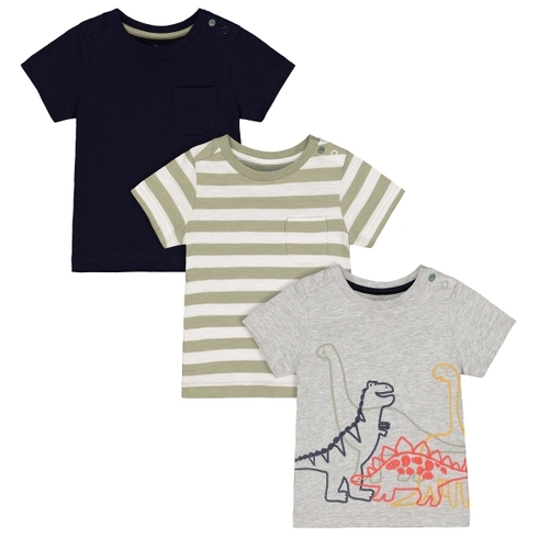 Grey Dinosaur, Green Stripe And Navy T-Shirts - 3 Pack