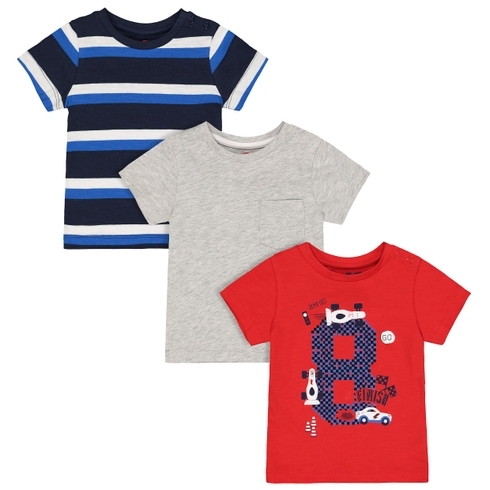 Boys Half Sleeves T-Shirt Car Print &Amp; Stripe - Pack Of 3 - Grey Navy Red
