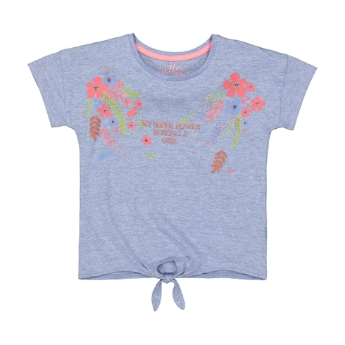 Girls Half Sleeves Floral Print Tie -Front T-Shirt - Blue
