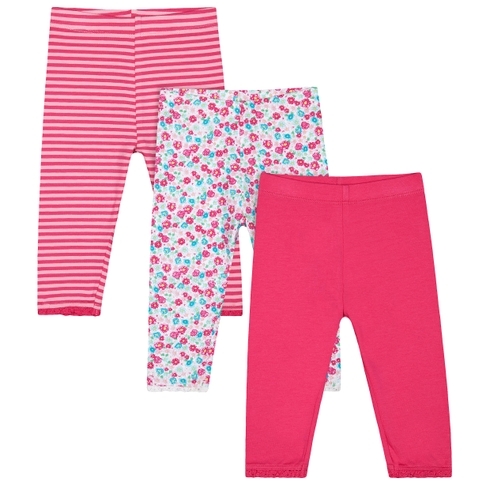 Girls Legging Floral &Amp; Stripe Print With Elasticated Waistband - Pack Of 3 - Pink White