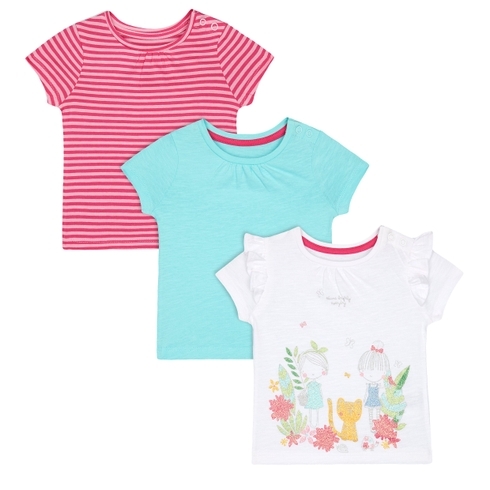 Green, Pink-Stripe And White Glitter-Print T-Shirts - 3 Pack