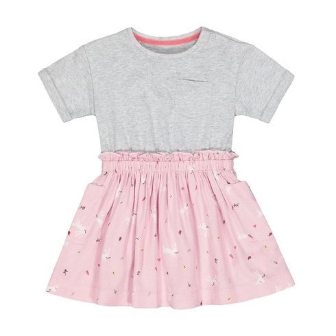 Grey And Pink Spring-Garden Print Twofer Dress