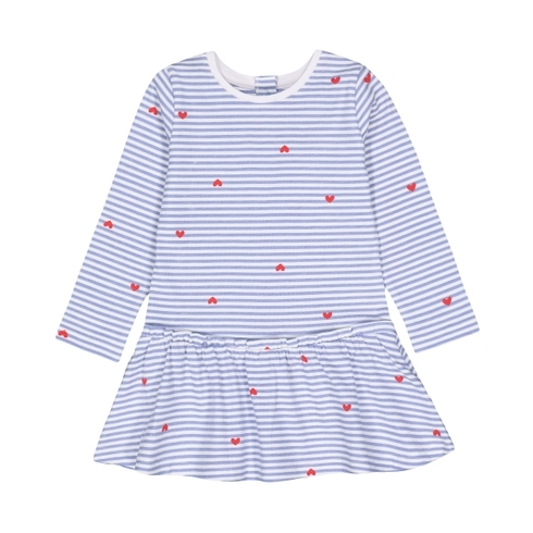 Girls Full Sleeves Dress Stripe Heart Print - Blue
