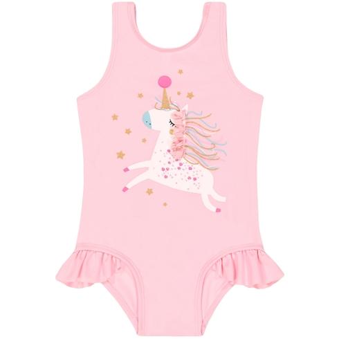 Girls Sleeveless Swimsuit Embellished Unicorn Print - Pink