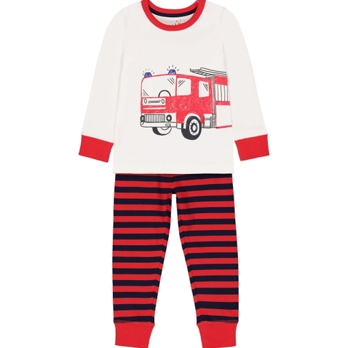 Boys Full Sleeves Pyjamas Fire Engine Print And Stripe - Cream Red