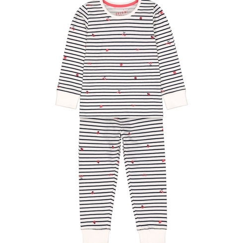 Girls Full Sleeves Pyjamas Cherry And Ladybird Print And Stripe - Cream