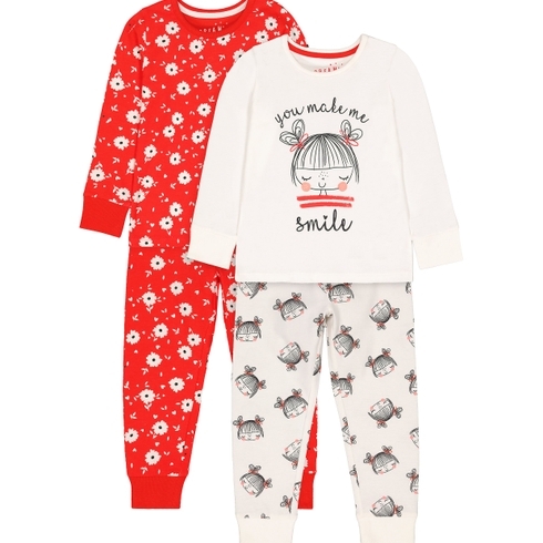 Girls Full Sleeves Pyjamas Smile Face With Floral Print - Pack Of 2 - Red White