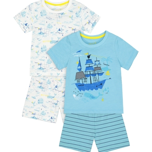 Boys Half Sleeves Pyjamas Pirate Ships And Shark Print - Pack Of 2 - Blue White