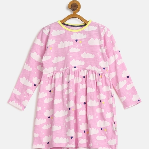 H By Hamleys Girls Full Sleeve Dress Cloud Design-Pink Multi