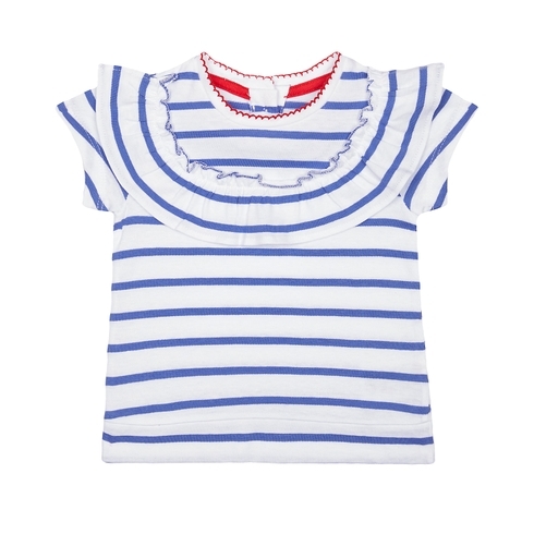 Girls Half Sleeves T-Shirt Stripe Frill Detail - Blue White