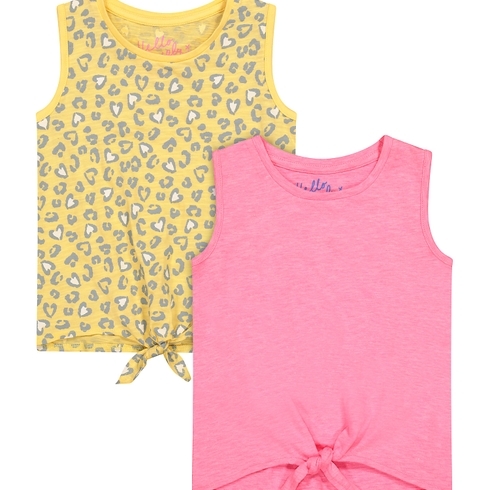 Girls Sleeveless T-Shirt Front Knot Detail - Pack Of 2 - Pink Yellow