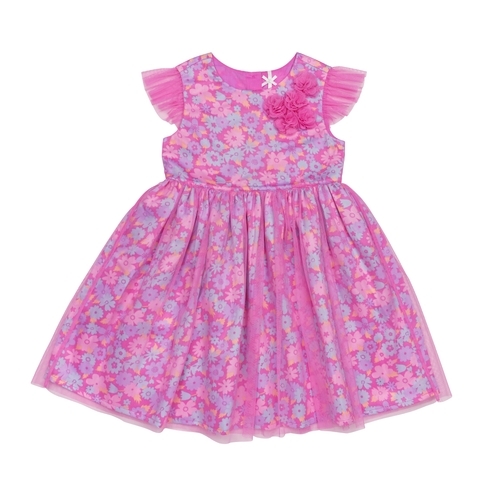 H By Hamlyes Girls Sleeveless Partywear Dress All Over Print-Pink