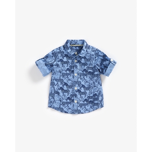 Boys Full Sleeves Shirt Chambray All Over Animal Print-Blue
