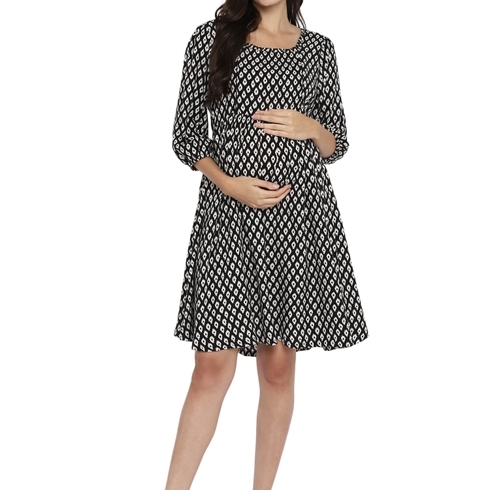 Womens Short Sleeves Maternity Dress-White &Amp; Black