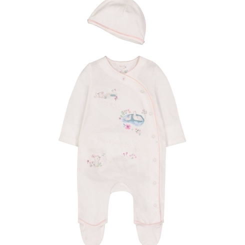 Girls Full Sleeves Romper With Hat Bunny Print - Cream