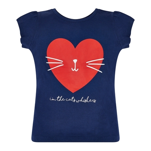 Girls Half Sleeves Heart Print T-Shirt - Navy