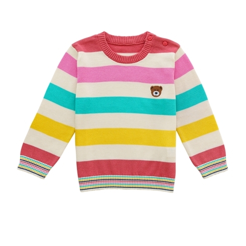 H by Hamleys Girls Full Sleeve Sweater Striped Bunny-Multicolor