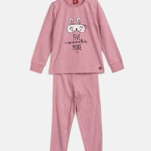 Girls Full Sleeve Pyjama Sets Slogan Chest Print-Pink