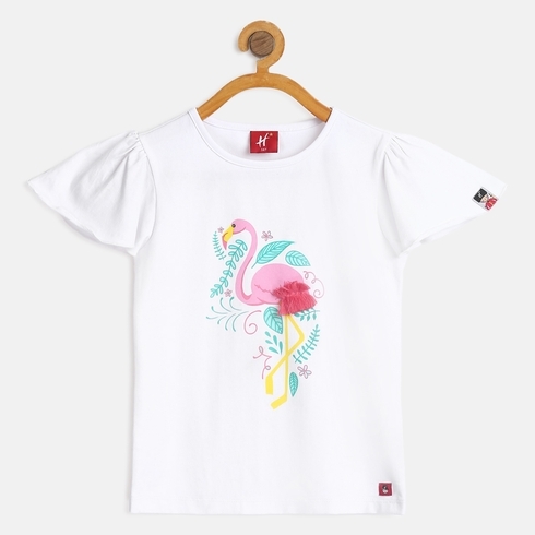 Girls Half Sleeve T-Shirts Flamingo Design-White