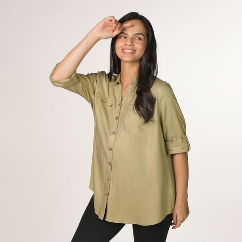 Ed-A-Mamma Rolled-Up Sleeves Full Sleeves Tops -Olive