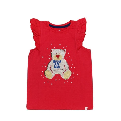 H By Hamleys Girls Short Sleeves Top Flippy Sequinned Bear -Red