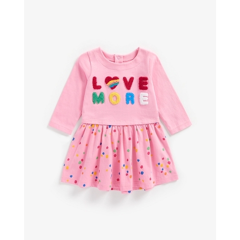 Girls Full Sleeves Dress Text Patchwork - Pink