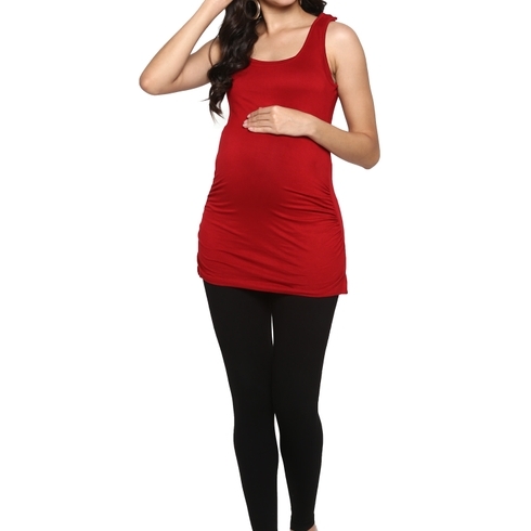Women Sleeveless Maternity Top With Side Ruching - Red