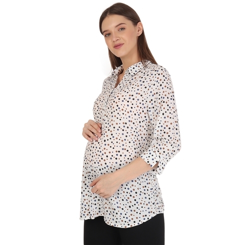 Women Three-Fourth Sleeves Maternity Shirt Spot Print - White