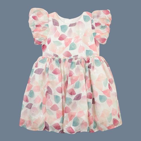 White Nursery Girls Printed Dress With Balloon Sleeves - Multicolor