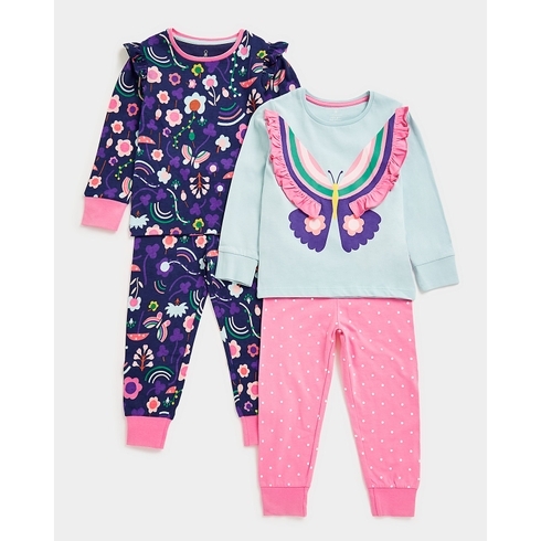 Girls Full Sleeves Pyjama Set Butterfly Design-Pack of 2-Multicolor