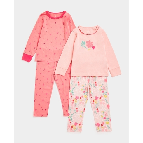 Girls Full Sleeves Pyjama Set Floral Design-Pack of 2-Pink