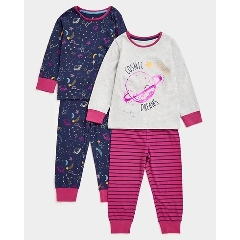 Girls Full Sleeves Pyjama Set Cosmic Design-Pack of 2-Multicolor