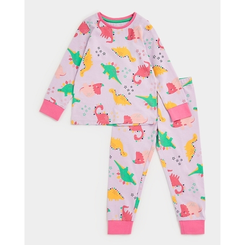 Girls Full Sleeves Pyjama Set Dino All Over Print-Multicolor