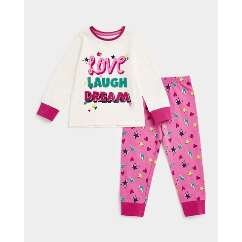 Girls Full Sleeves Pyjama Set Slogan Print-Multicolor