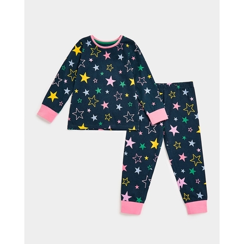 Girls Full Sleeves Pyjama Set Star All Over Print-Blue