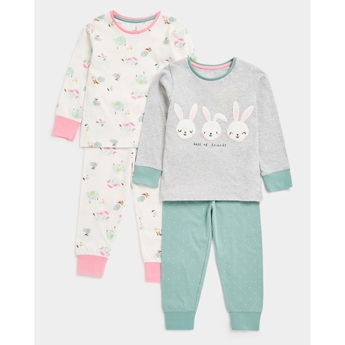 Girls Full Sleeves Pyjama Set Bunny Design-Pack of 2-Multicolor