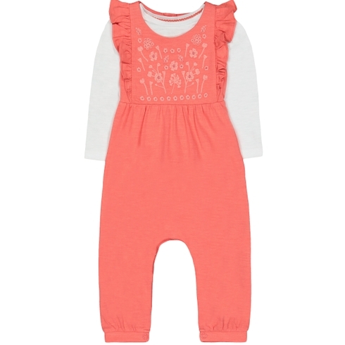 Girls Full Sleeves Dungaree Set Floral Embroidery - Coral