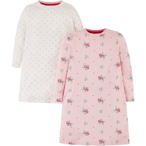 Girls Full Sleeves Nightdress Floral Print - Pack Of 2 - Pink White