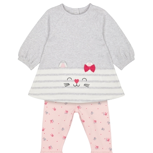 Girls Full Sleeves Dress With Leggings Cat Embroidery With 3D Details - Grey Pink