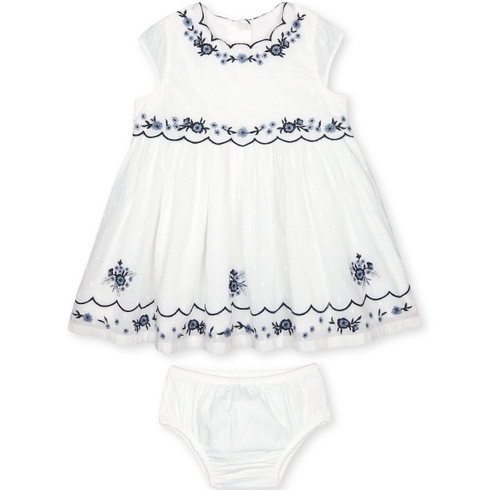 Girls Half Sleeves Dress And Knickers Set Floral Embroidery - White