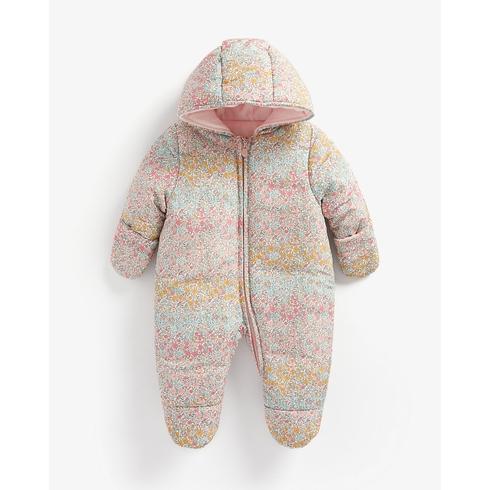 Girls Full Sleeves Velour Lined Snowsuit Floral Print - Multicolor