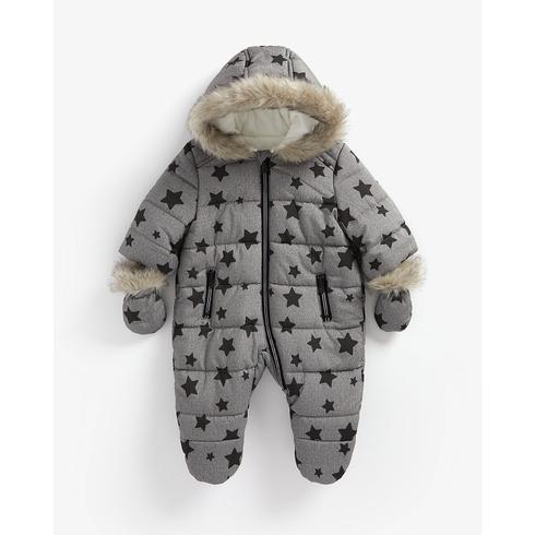 Boys Full Sleeves Snowsuit With Velour Lining Star Print - Grey