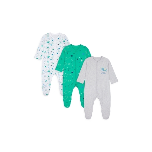 Boys Full Sleeves Sleepsuit Space And Star Print - Pack Of 3 - Multicolor
