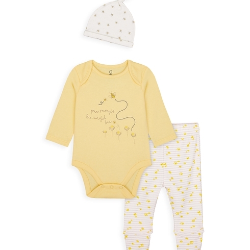 Girls Full Sleeves 3 Piece Set Bee Print And Embroidery - Yellow