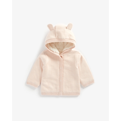 Girls Full Sleeves Fleece Lined Hooded Cardigan 3D Ear Details - Pink