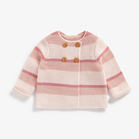 Girls Full Sleeves Striped Cardigan With Button Fastening - Pink