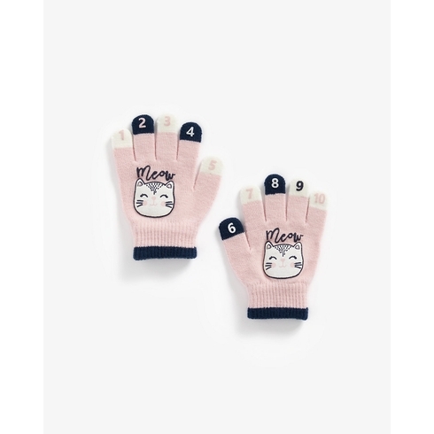 Girls Gloves Cat Print - Pink